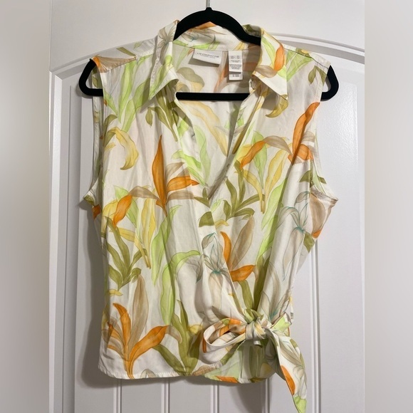 Liz Claiborne Women’s Wrap Top XL Yellow & Orange Tropical Floral Balletcore - Picture 3 of 11